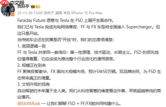 贾跃亭表态：FF愿意与特斯拉在FSD上展开全面合作