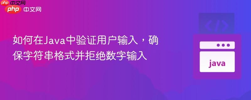 如何在Java中验证用户输入，确保字符串格式并拒绝数字输入