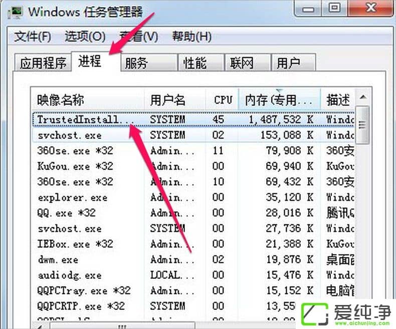Win7系统中trustedinstaller.exe进程占用内存很大